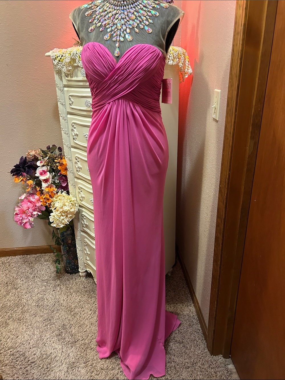 Studded Neckline Pink Evening Gown with Ruched Sweetheart Bodice